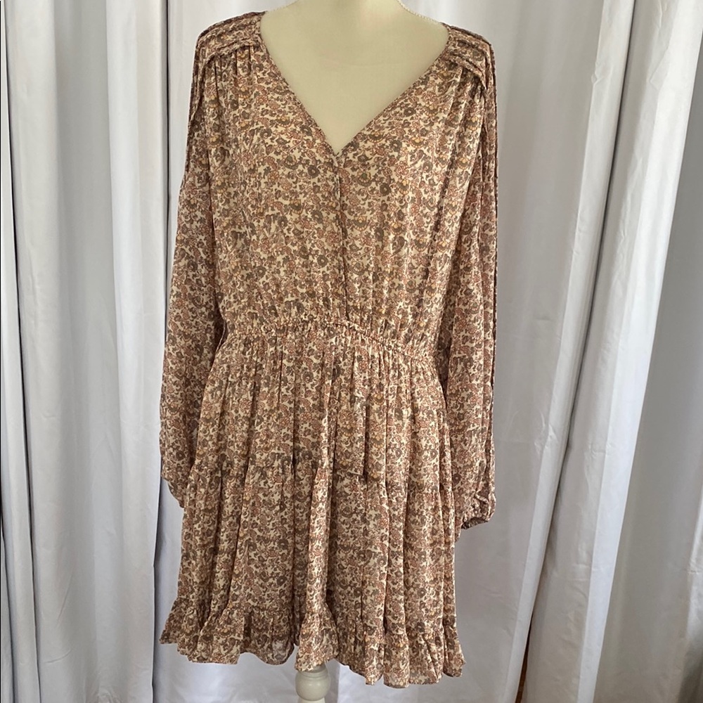 O.P.T Floral Tiered Mini Dress Long Sleeve Boho V-Neck Mini Dress SIZE XL